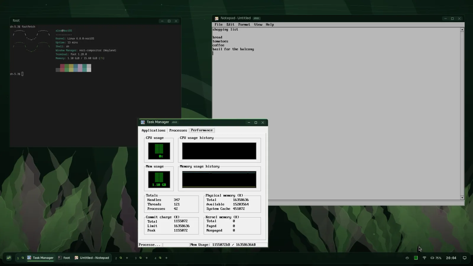 Notepad and Task Manager, two Windows programs, next to a Linux terminal
